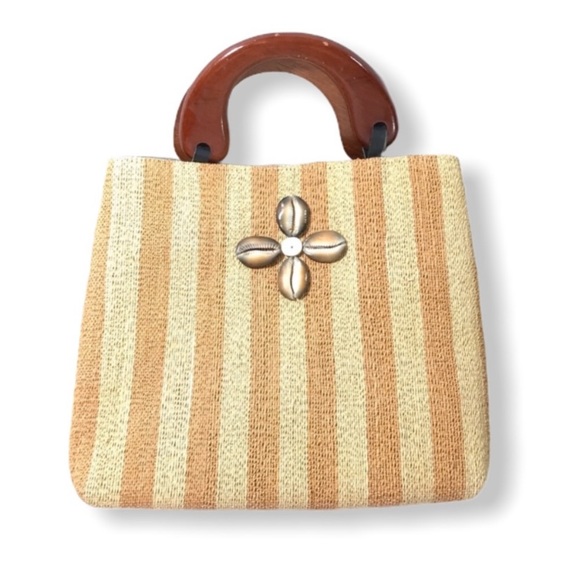 Beige Cream Striped Woven Paper Puka Shell Wood Handle Spring Summer Bea… - Picture 10 of 10
